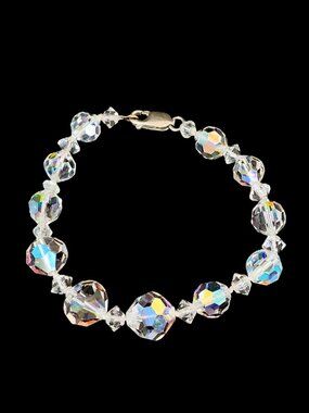 Vintage 60s Crystal AB Hand Knotted Bracelet Sterling Silver Clasp 7 inches